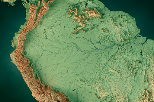 3D Render of a Topographic Map of the Amazon Rainforest.\nAll source data is in the public domain.\nColor texture: Made with Natural Earth. \nhttp://www.naturalearthdata.com/downloads/10m-raster-data/10m-cross-blend-hypso/\nRelief texture and rivers: GMTED 2010 data courtesy of USGS. URL of source image:\nhttps://topotools.cr.usgs.gov/gmted_viewer/viewer.htm\nWater texture: SRTM Water Body SWDB:\nhttps://dds.cr.usgs.gov/srtm/version2_1/SWBD/