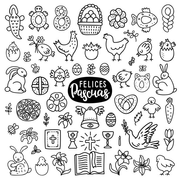 Happy Easter doodle set and lettering quote in Spanish. Chikens, plants, bunnies, flowers and traditional church utencils. Bell with wings, egg basket, tulips EPS 10 vector illustrations. Isolated Happy Easter doodle set and lettering quote in Spanish. Chickens, plants, bunnies, flowers and traditional church utensils. Bell with wings, egg basket, tulips EPS 10 vector illustrations. Isolated pics of a cross easter lilies stock illustrations