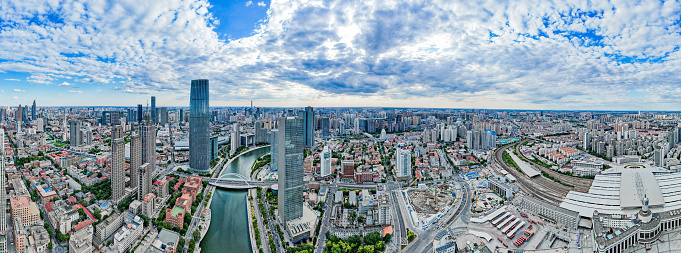 Inspiration of a cityscape. Modern skyscrapers under blue sky.