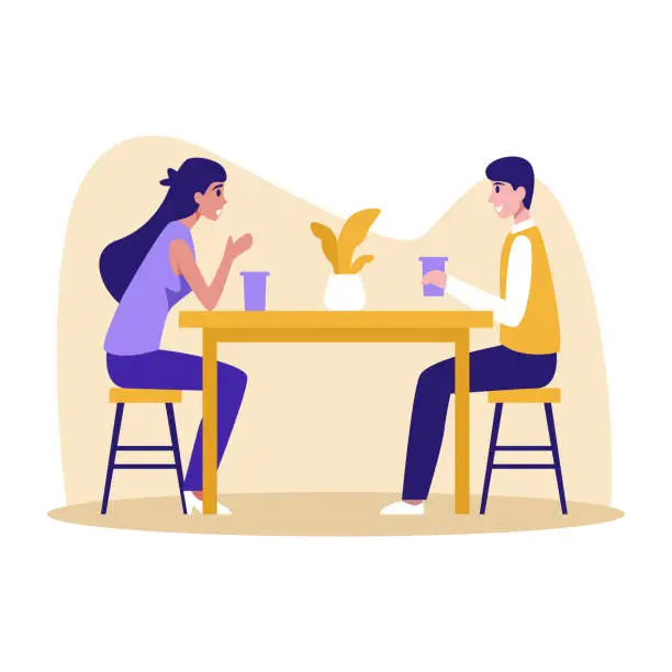 Vector illustration of Cartoon characters of young couple drinking coffee