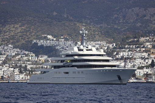 Bodrum, Turkey- March 10,  2023: The giant superyacht Eclipse, owned by Russian businessman Roman Abramovich, anchored in Bodrum's