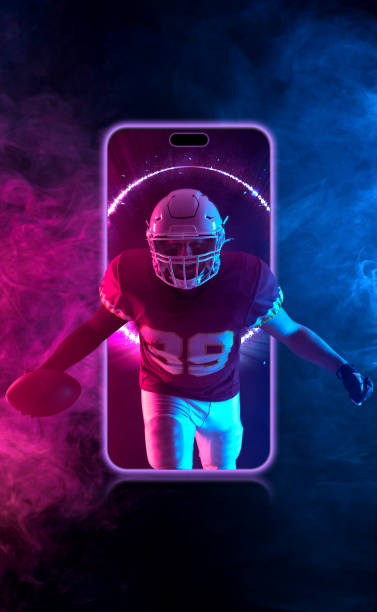 American football player banner with neon lights. Template for a sports magazine on the theme of American football with copy space. Mockup for betting advertisement. stock photo