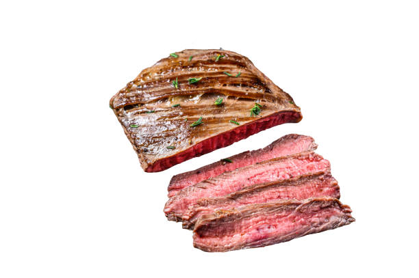 istock Sliced flank or bavette beef meat steak on a cleaver.  Isolated on white background. 1478081849