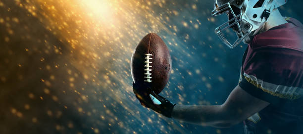 American football player banner. Template for a sports magazine, website, outdoor advertisement with copy space. Mockup for betting ads. American football player banner. Template for a sports magazine on the theme of American football with copy space. Mockup for betting advertisement american football online bookies stock pictures, royalty-free photos & images