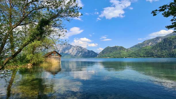 lake Attersee alp panoramic Alpensicht am Attersee attersee stock pictures, royalty-free photos & images