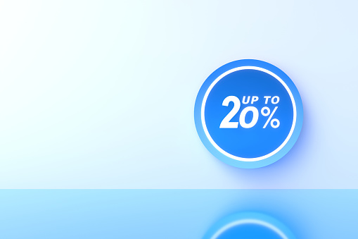 3D Rendering. 20 percent off with freespace for texting on pastel blue background. Special Offer 20% Discount Tag. Super sale offer and best seller.