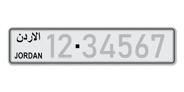 Vector illustration of Car number plate . Vehicle registration license of Jordan