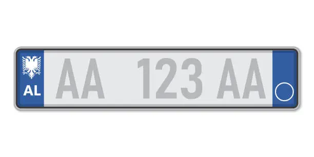 Vector illustration of Car number plate. Vehicle registration license of Albania