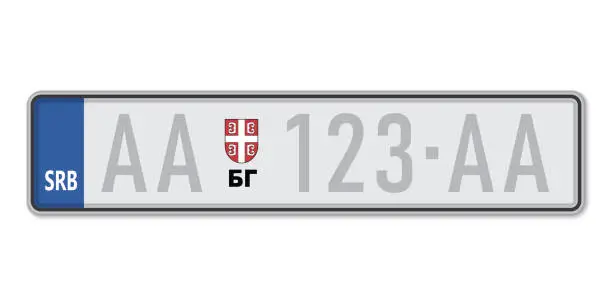 Vector illustration of Car number plate. Vehicle registration license of Serbia