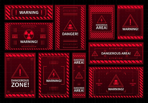 Danger and warning red interface frames. Contamination accident caution, electricity strike alert or radiation beware HUD vector system window. Hazard dangerous area future frame or Sci Fi display