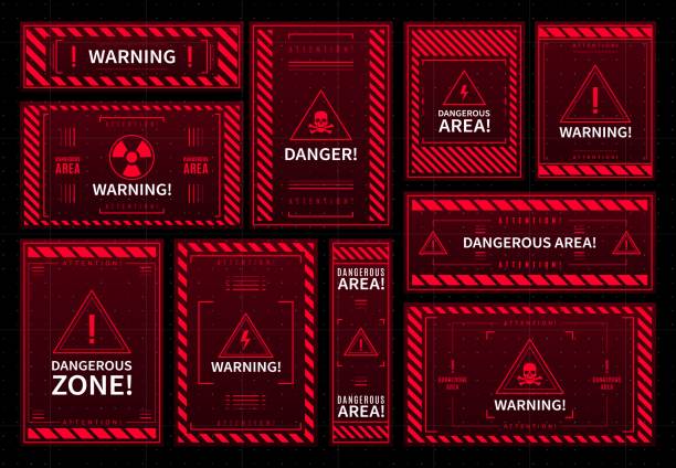 Danger area and contamination warning HUD frames Danger and warning red interface frames. Contamination accident caution, electricity strike alert or radiation beware HUD vector system window. Hazard dangerous area future frame or Sci Fi display warning symbol stock illustrations