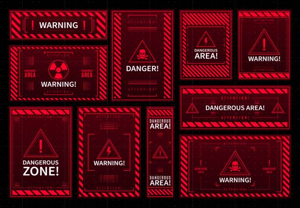 Danger area and contamination warning HUD frames Danger and warning red interface frames. Contamination accident caution, electricity strike alert or radiation beware HUD vector system window. Hazard dangerous area future frame or Sci Fi display danger stock illustrations