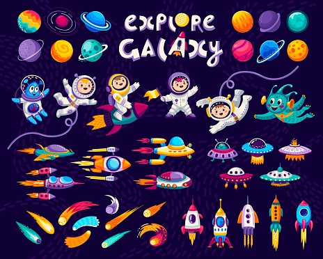 Cartoon kids space and galaxy. Astronauts, planets and rockets. Cheerful child or alien baby character flying in weightlessness, fantastic galaxy planets, future spaceships and flying saucers, comet