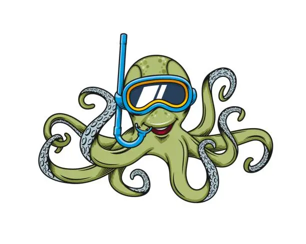Vector illustration of cartoon diver octopus, scuba diving animal mascot