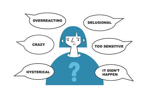 Person hears gaslighting words and doubts himself. Verbal abuse and psycholigical manipulation. Dominating, controlling and neglecting concept. Vector flat illustration.