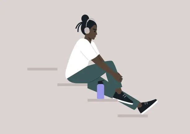 Vector illustration of Young African character sitting on the stairs, lost in the music streaming through their earphones