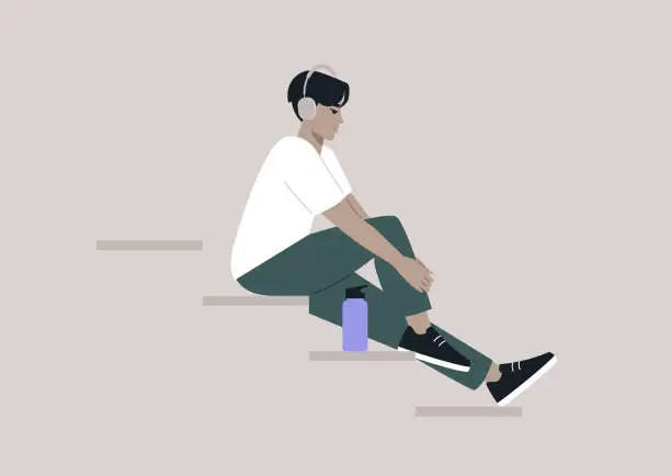 Vector illustration of Young Asian character sitting on the stairs, lost in the music streaming through their earphones