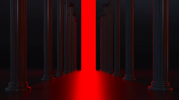 istock hall with black marble columns and shining light in the end, dark passage of columns. 1478091651