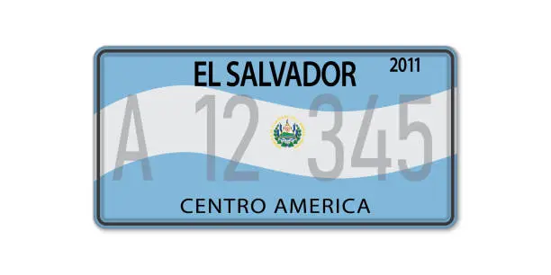 Vector illustration of Car number plate . Vehicle registration license of El Salvador. American Standard sizes