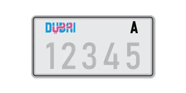 Vector illustration of Car number plate Dubai. Vehicle registration license of United Arab Emirates.