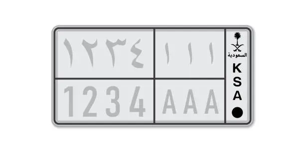 Vector illustration of Car number plate . Vehicle registration license of Saudi Arabia. With inscription Saudi Arabia in Arabic.