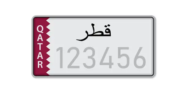 Vector illustration of Car number plate . Vehicle registration license of Qatar. With inscription Qatar in Arabic.