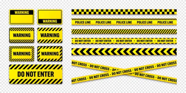 Vector illustration of Various barricade construction tapes and warning shields. Yellow police warning line, brightly colored danger or hazard stripe, ribbon. Restricted area, zone. Attention symbol. Vector illustration