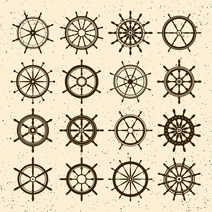 Collection of grunge vintage steering wheels. Ship, yacht retro wheel symbol. Nautical rudder icon. Marine design element. Vector illustration.