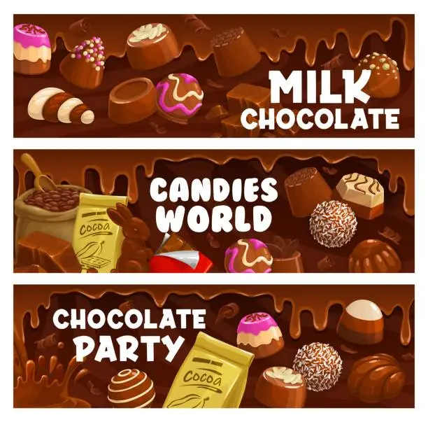 Vector illustration of Milk chocolate, praline and fudge candy, souffle