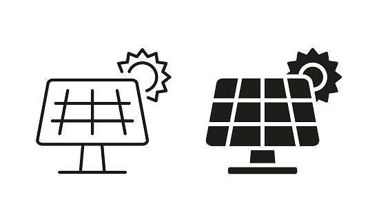 Solar Panel Line and Silhouette Icon Set. Sun Energy Pictogram. Renewable Electricity Symbol Collection on White Background. Ecology Electric Sunlight System for House. Isolated Vector Illustration.