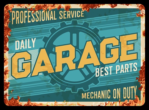 Vintage car repair service rusty plate, garage station. Automobile motor fix shop, car maintenance workshop or spare parts center, garage station vector grunge plate, rusty tin sign with cog wheel