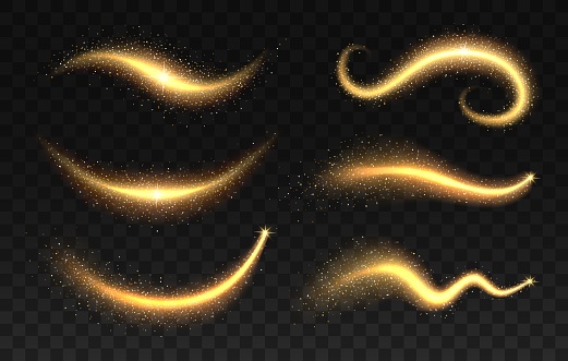 Golden magic dust trail, gold glitter glow and star light. Vector set of shine flare effect waves. Magic swirl, twinkle with glowing flying sparks. Wand trace, spell, wizard or fairy shiny lightning