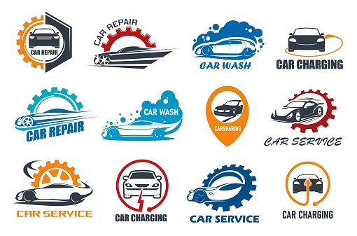 Car service icons. Car wash, repair, charge and sharing symbols. Vehicle repair and carwash service vector signs, electric automobile charging station, auto spare parts shop icons