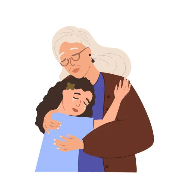 Vector illustration of Grandmother Parent support her grandchild,care of girl,child.Granny comforting crying sad kid.Supportive parent help teenager in difficulty.Warm hugs.Flat vector illustration isolated,white background