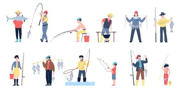 Vector illustration of Fisherman cartoon set, action with rod and holding fish. Fishermen lake relax, summer outdoor hobby. Boy man recreation on nature recent vector characters