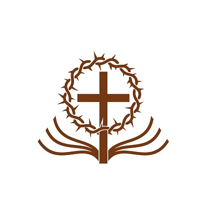 Christianity religion symbol. Cross, Bible and crown of thorns. Catholic christian church, evangelism commune or baptism confession vector emblem or simple sign, religion and faith symbol or icon