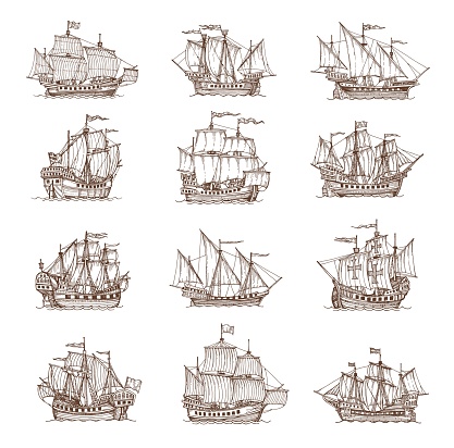 Sail ship, sailboat or brigantine sketch, vector pirate frigate icons. Marine sail ships in vintage sketch or pencil hatching, retro sailboats on sea or ocean waves with flags of Caribbean adventure