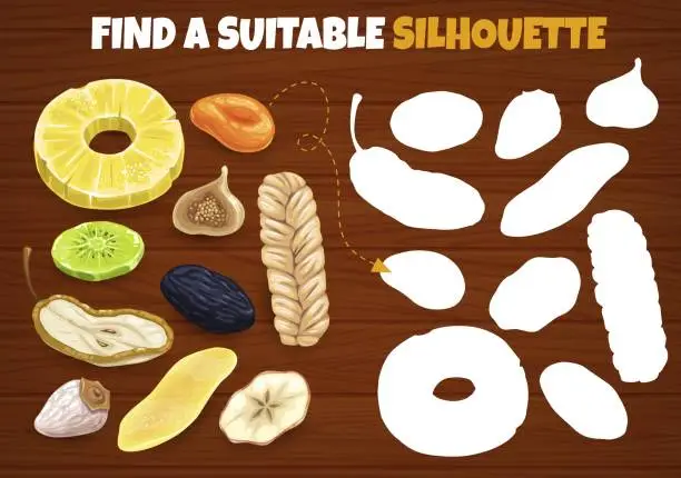 Vector illustration of Dried fruits find a suitable silhouette kids game