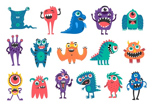Cartoon monster characters, funny creatures or bizarre alien animals, vector cheerful personages. Cute cartoon happy monsters, trolls and yeti bigfoot for kids, dragon and big eye cyclops with gremlin