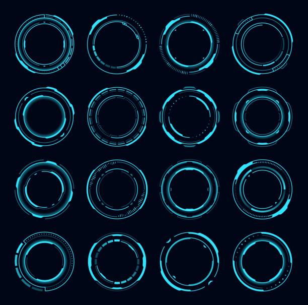 HUD round frame borders, aim control targets HUD round frame borders, aim control target and navigation element, vector circles. HUD futuristic technology or Sci Fi game interface of digital holograms or circle frames and virtual round controls control point stock illustrations
