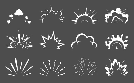 Cartoon bomb explosion and comic clouds of boom blast, explosive effect vector icons. Bomb explode or TNT dynamite detonation sparks and bang boom pop clouds with explode shot trails