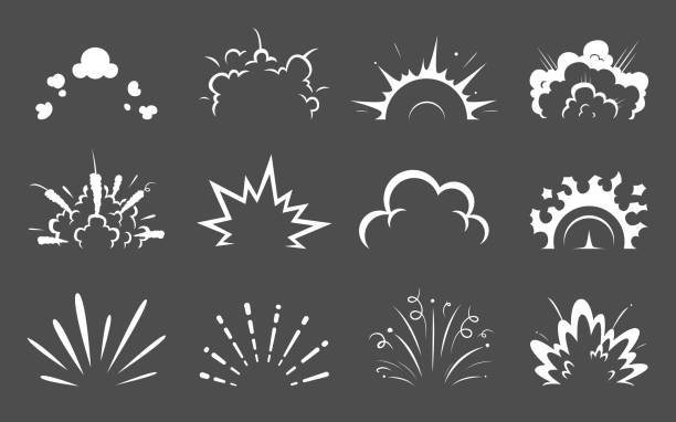 Cartoon bomb explosion and comic boom blast clouds Cartoon bomb explosion and comic clouds of boom blast, explosive effect vector icons. Bomb explode or TNT dynamite detonation sparks and bang boom pop clouds with explode shot trails bang icon stock illustrations