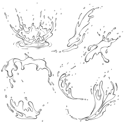 Set of splashes of water or paint. Splashes of fluid. Vector illustration in hand drawn sketch doodle style. Line art liquid with drops isolated on white. Splash water motion. Abstract shapes