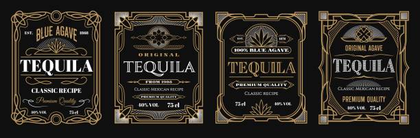 ilustraciones, imágenes clip art, dibujos animados e iconos de stock de etiquetas de tequila vintage, fondos de marcos de alcohol - bebida alcohólica