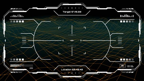 Hud futuristic screen interface with target aim Hud futuristic monitor screen interface. Target aim control. Future airplane pilot interface, target hologram screen or military viewfinder game UI vector frame with gun aim crosshair, surface mesh military borders stock illustrations