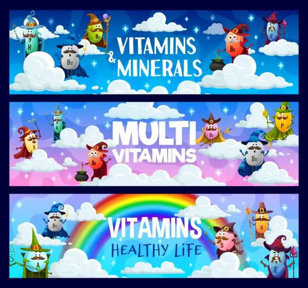 Vector illustration of Cartoon vitamin wizard characters on clouds banner
