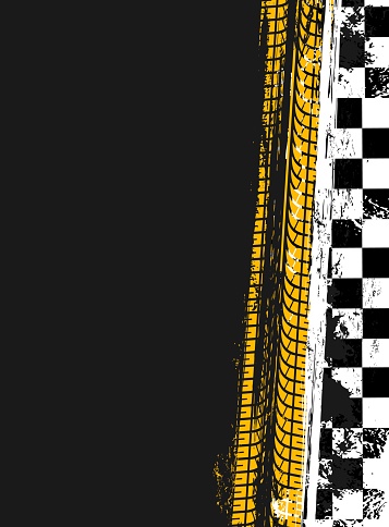 Grunge race sport flag background with car tires track, vector checker pattern. Race sport flag with wheel tires print on road, rubber tyre tread marks of car rally and motocross races