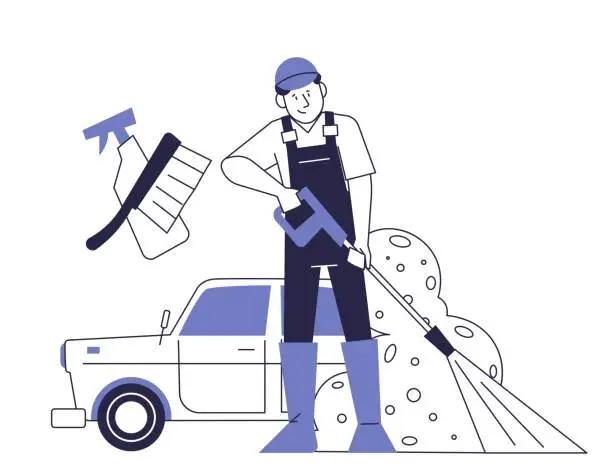 Vector illustration of Working car wash. Car service vector concept.