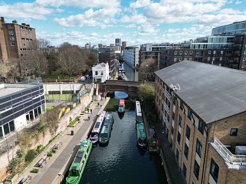 Regents canal Islington London UK drone aerial view