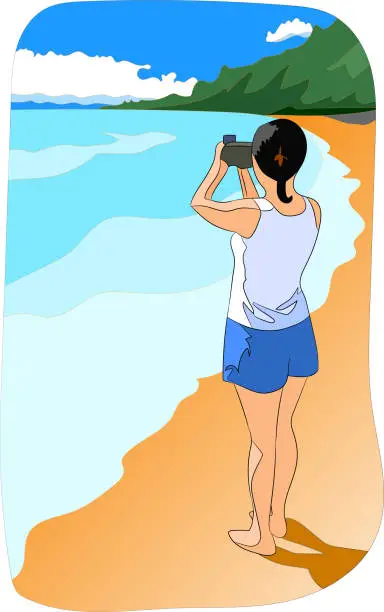 Vector illustration of Tourist woman on the beach taking pictures of beautiful views, sea and horizon, vector illustration, drawing